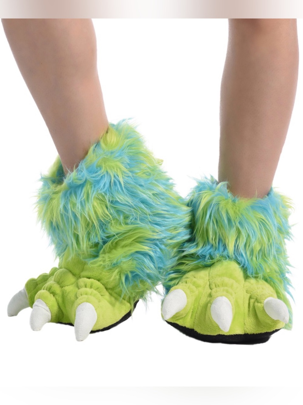 Lazy One Fuzzy Monster Claw Slippers in Lime Green & Aqua